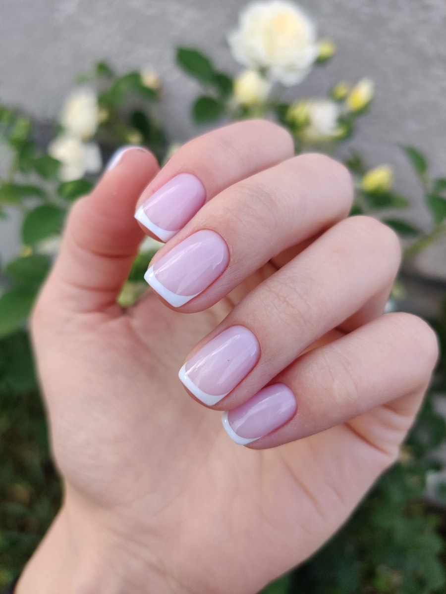 Pale pink nude French manicure on square nails