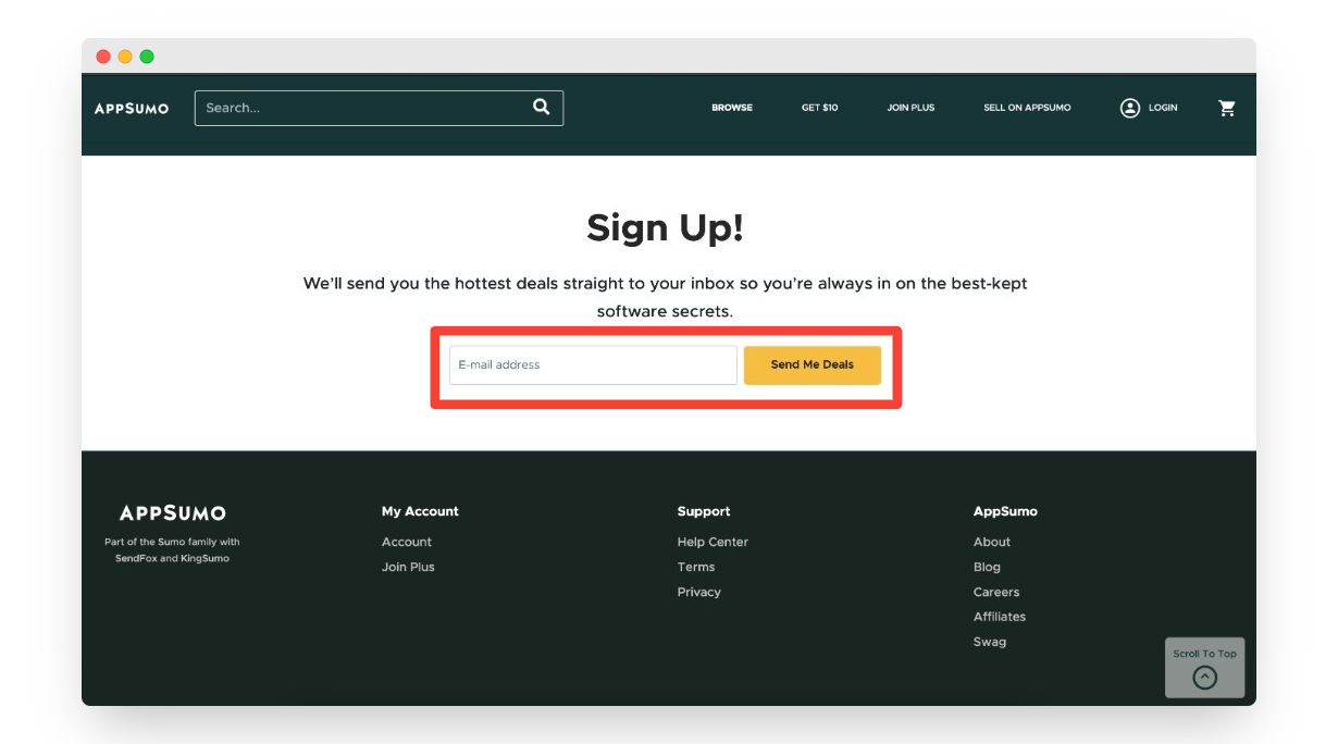 SaaS email marketing: AppSumo footer opt-in form
