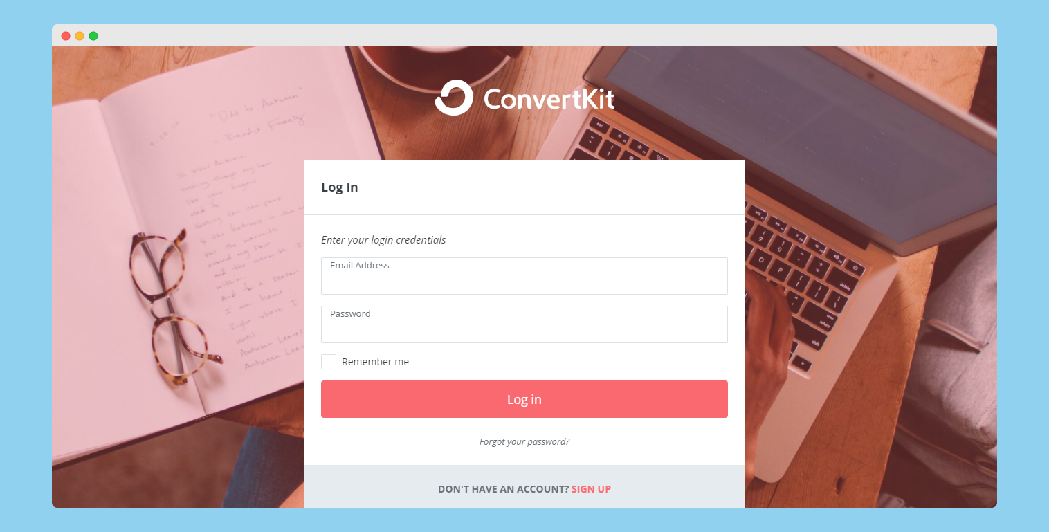SaaS email marketing: ConvertKit's community log in form