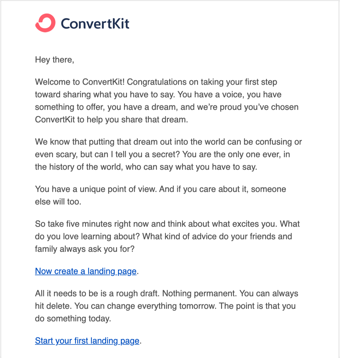 ConvertKit's welcome email that maps out the customer journey