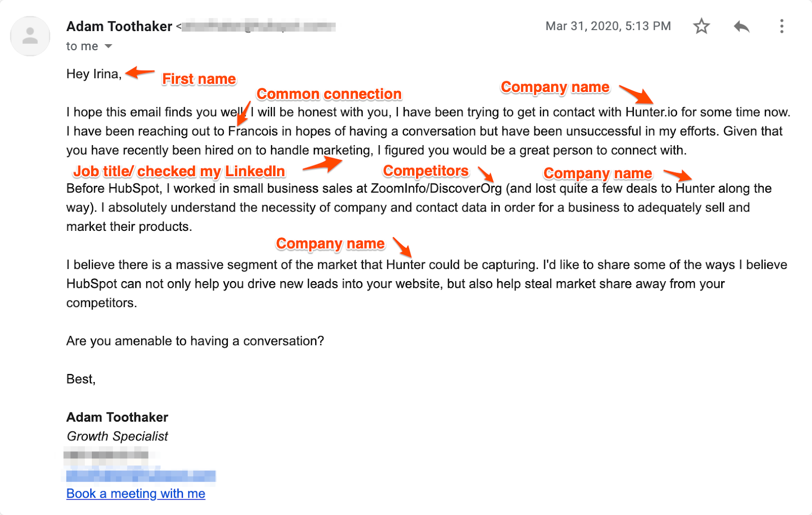 how to cold email: personalized cold email example