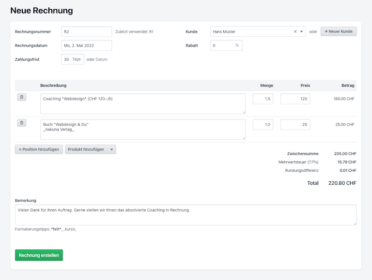 Beispiel für eine neue Rechnung. Screenshot Neue Rechnung