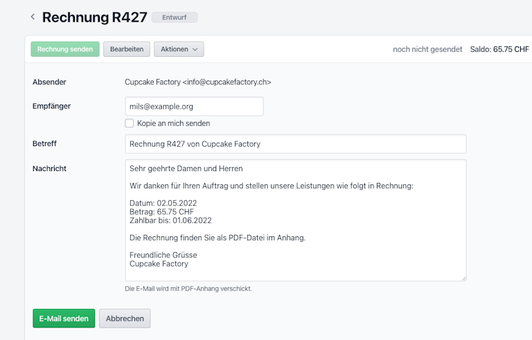 Beispiel E-Mail Formular. Screenshot Rechnung senden