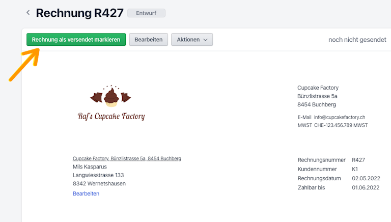 Mit einem Klick kannst du die Rechnung als versendet markieren. Screenshot Rechnung als versendet markieren