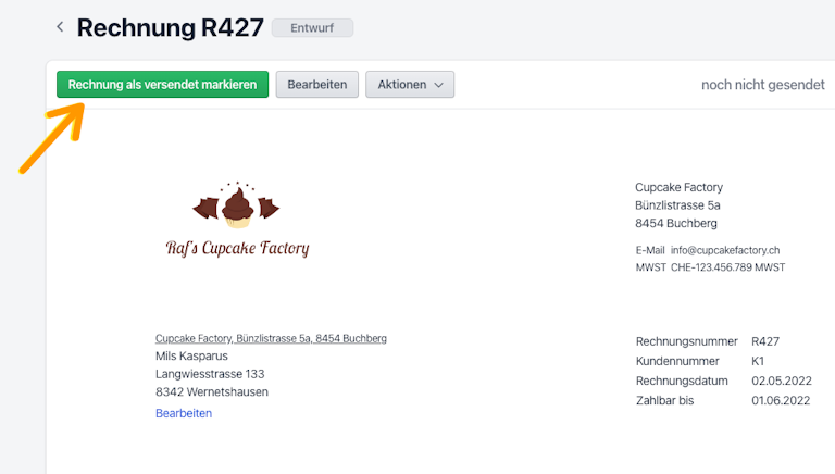 Screenshot Rechnung als versendet markieren