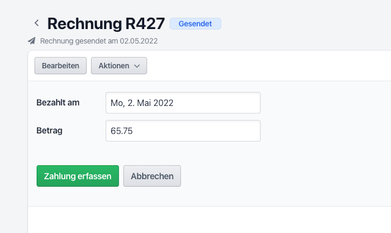 Mit Klick auf "Zahlung erfassen" kannst du die Zahlung verbuchen. Screenshot Zahlung erfassen