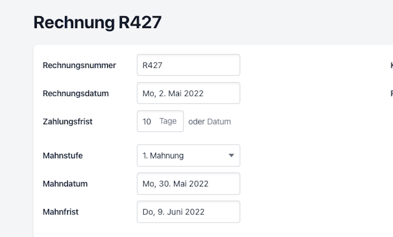 Die Mahndaten lassen sich wie die anderen Rechnungsinformationen anpassen. Screenshot Rechnung anpassen