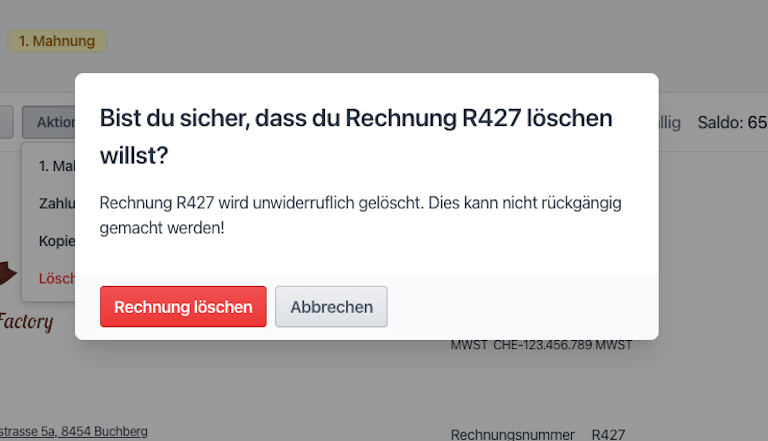 Bestätigung Löschen Rechnung