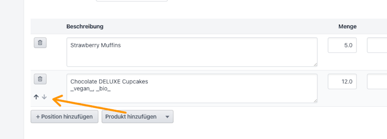 Sobald du mit der Maus über eine Position fährst, kannst du die Position mit den Pfeilen verschieben. Screenshot Position verschieben