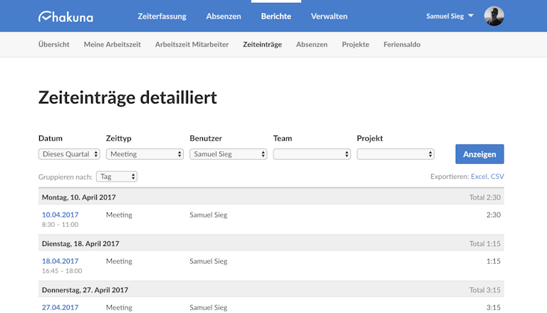 Gruppierung & Export im Bericht "Zeiteinträge"