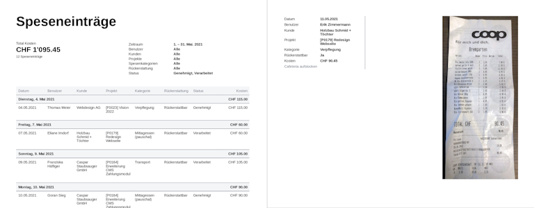 Spesen können als kompakter PDF-Bericht inklusive Quittungen zur Weiterverarbeitung oder Ablage heruntergeladen werden.
