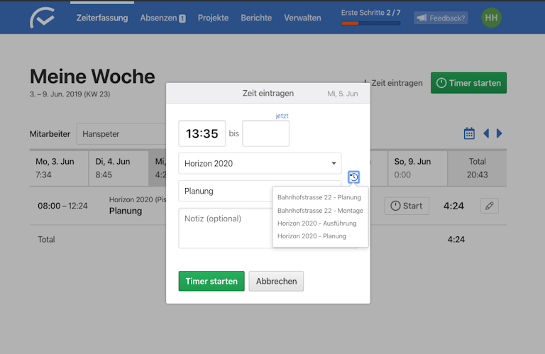 Zuvor verwendete Projekte/Tätigkeiten können bequem ausgewählt werden.