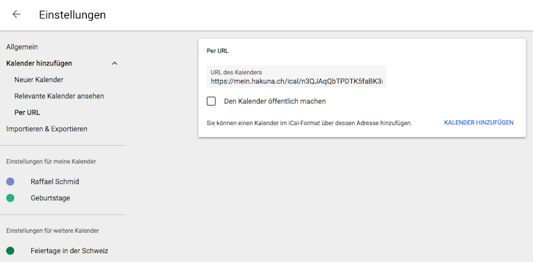 Dann fügst du den Link aus deinem Zwischenspeicher in "URL des Kalenders" ein und klickst auf "Kalender hinzufügen".