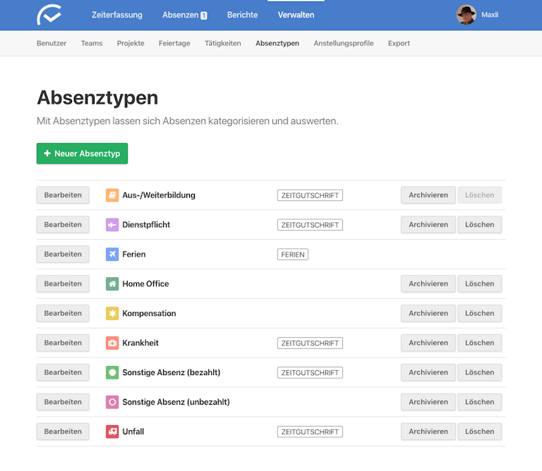 Neue Verwaltung von Absenztypen