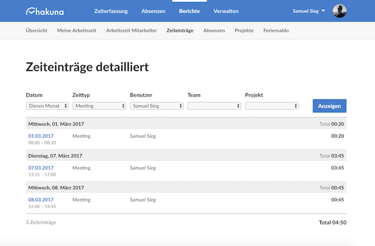 Neuer Bericht "Zeiteinträge"