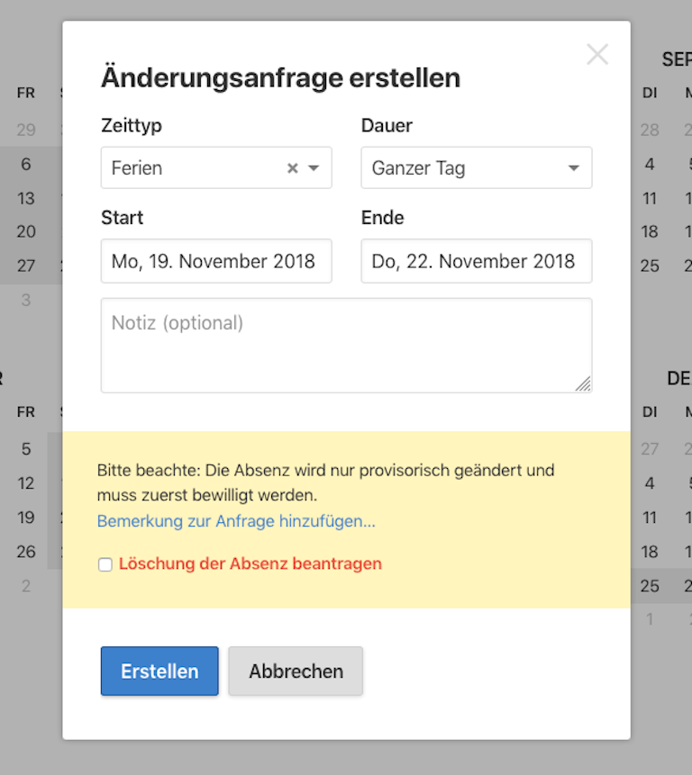 Bestehende Absenzen lassen sich neu bearbeiten