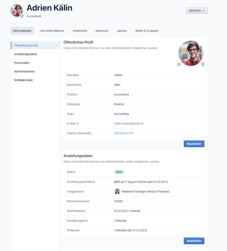 Das Personaldossier umfasst alle relevanten Mitarbeiterinformationen. Das öffentliche Profil ist unternehmensweit von allen Mitarbeitenden für Kommunikationszwecke einsehbar (über Rollen & Rechte konfigurierbar).