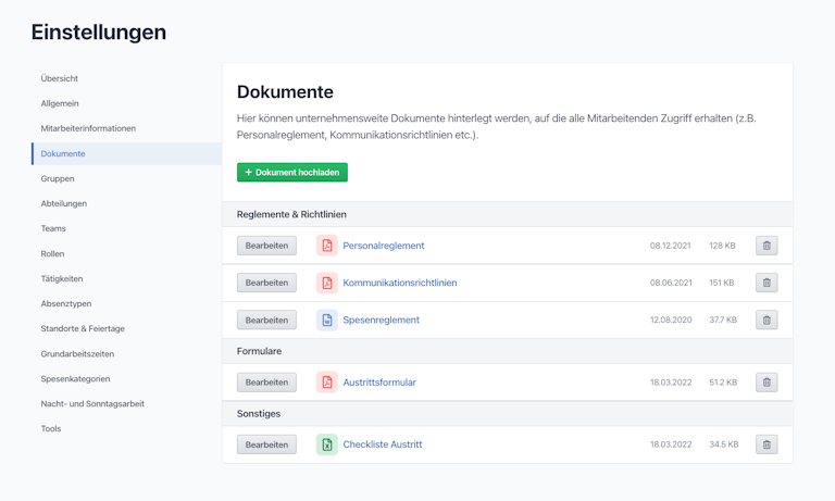 Unternehmensdokumente lassen sich für die Administration unter Verwalten > Dokumente ablegen.