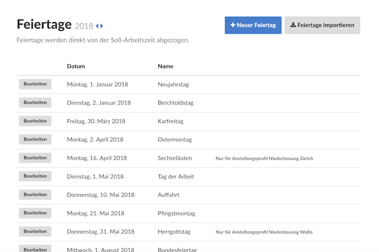 Feiertage lassen sich auf einzelne Anstellungsprofile begrenzen