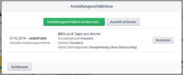 Mit einem Klick auf "Anstellungsverhältnis ändern per…" lässt sich eine Änderung am aktuellen Anstellungsverhältnis abbilden (z.B. wegen neuem Arbeitspensum).
