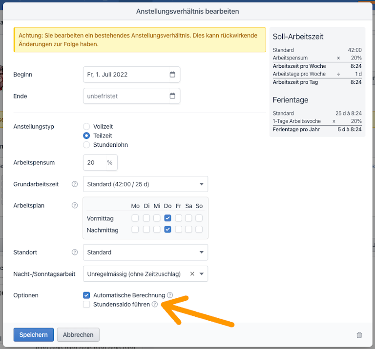Pro Anstellungsverhältnis kann das standardmässige Führen des Stundensaldos deaktiviert werden.
