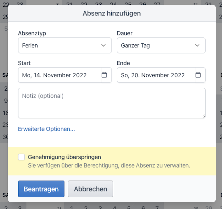 Eigene Absenzen können von Admins neu beantragt werden.