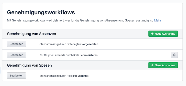 Mit den neuen Genehmigungsworkflows in den Einstellungen ist die flexible Konfiguration von Verantwortlichkeitsbereichen möglich.