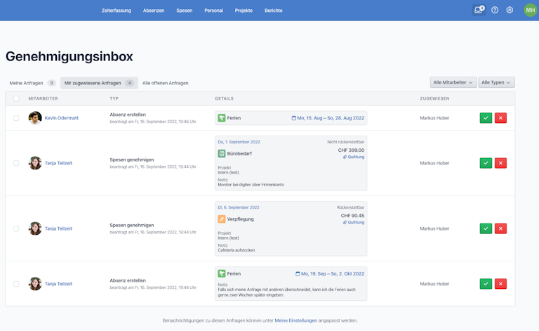 Die neue Genehmigungsinbox (zugänglich via 📥-Icon im Hauptmenü) gibt einen Überblick über persönliche, zugewiesene und alle offenen Anfragen.