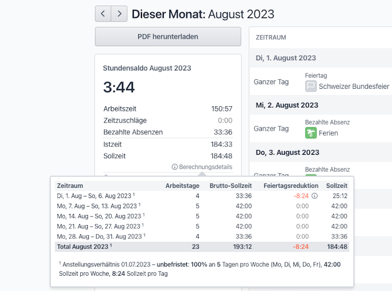 Die Berechnungsdetails zur Sollzeit listet detailliert auf, wie die Sollzeit zusammengesetzt ist.
