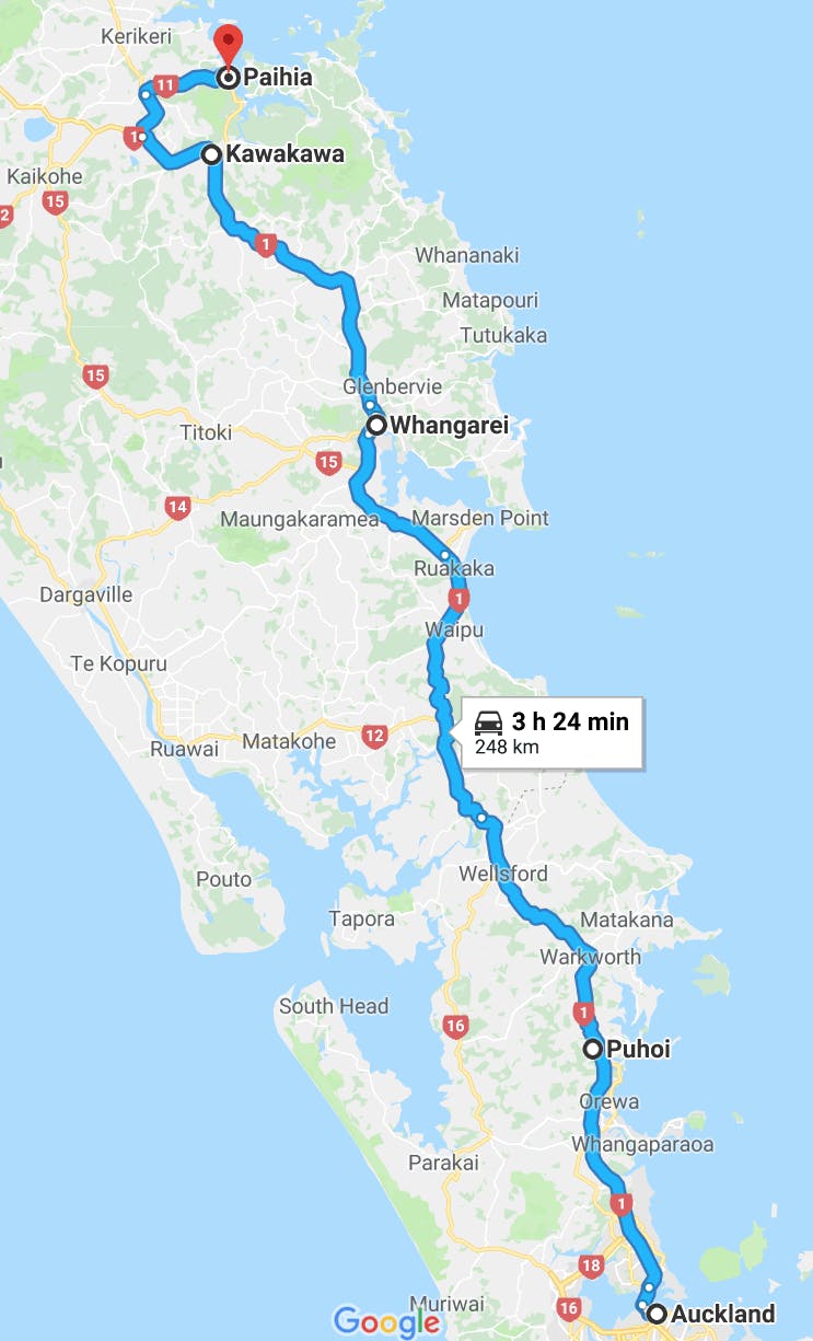 auckland to paihia map for road trip