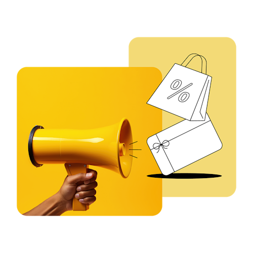 Image with megaphone, and illustration of discounted goods