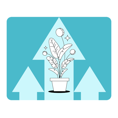 Illustration of a growing plant with money, framed in a backdrop with arrows pointing upwards
