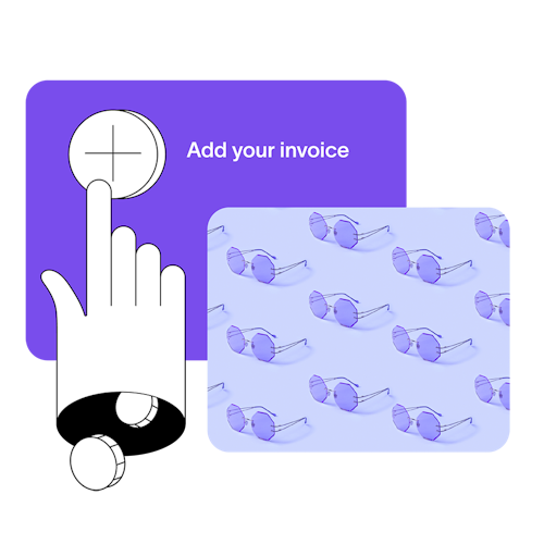 Abstract image, with illustration of hand clicking "add your invoice" and photo of several sunglasses lined up