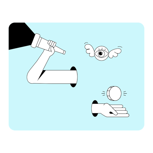 Abstract "explore" illustration, with hand using flashlight, an eye with wings and a hand holding a coin