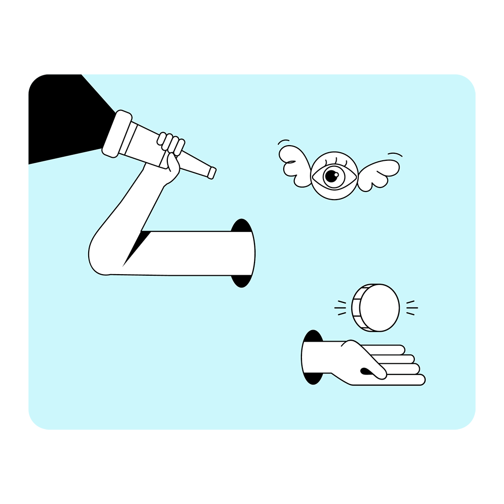 Abstract "explore" illustration, with hand using flashlight, an eye with wings and a hand holding a coin