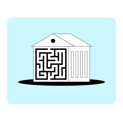 Illustration of a bank, inside of it a maze