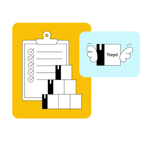 Illustration showing packages and an extensive control list, beside it a lighter package with Treyd