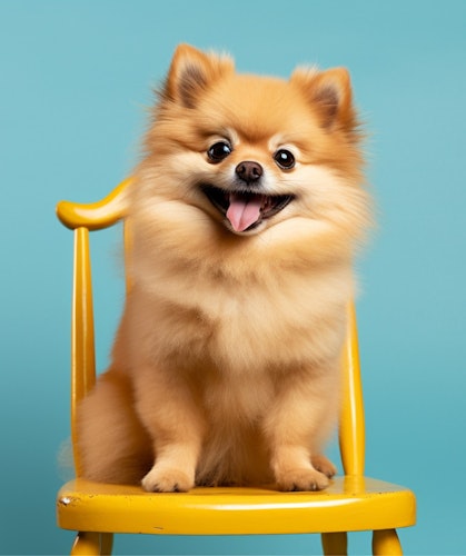 Small happy dog sitting on a yellow chair
