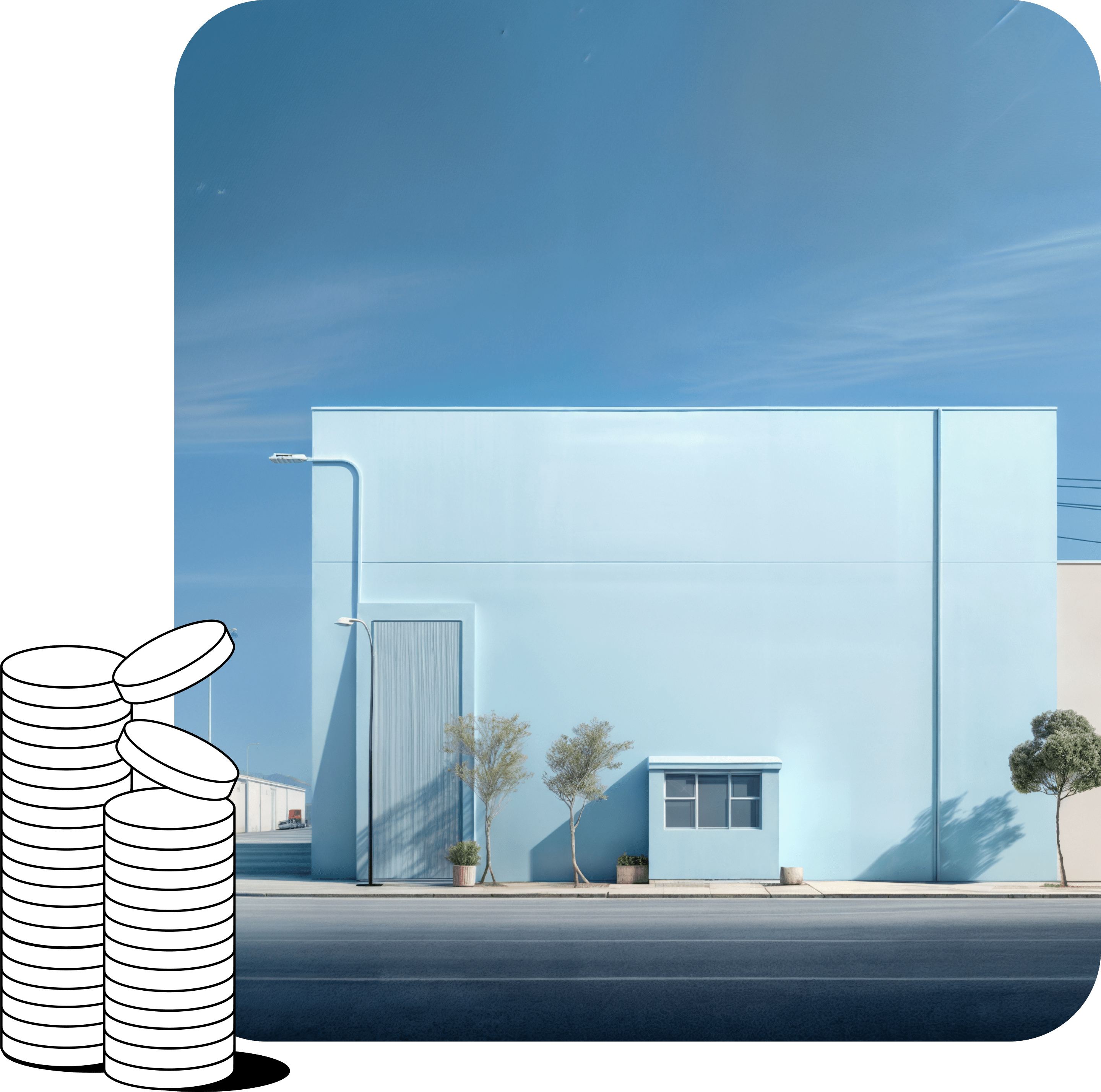 wholesale banner blue warehouse behind animated coin stack