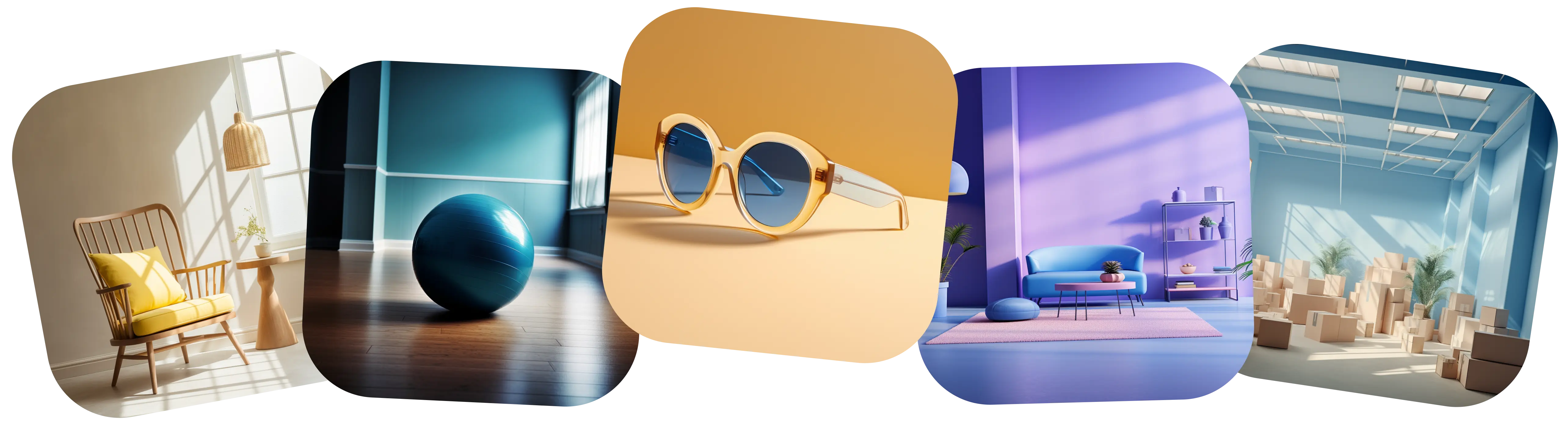 Collage of photos with chair, pilates ball, sunglasses, furniture and boxes