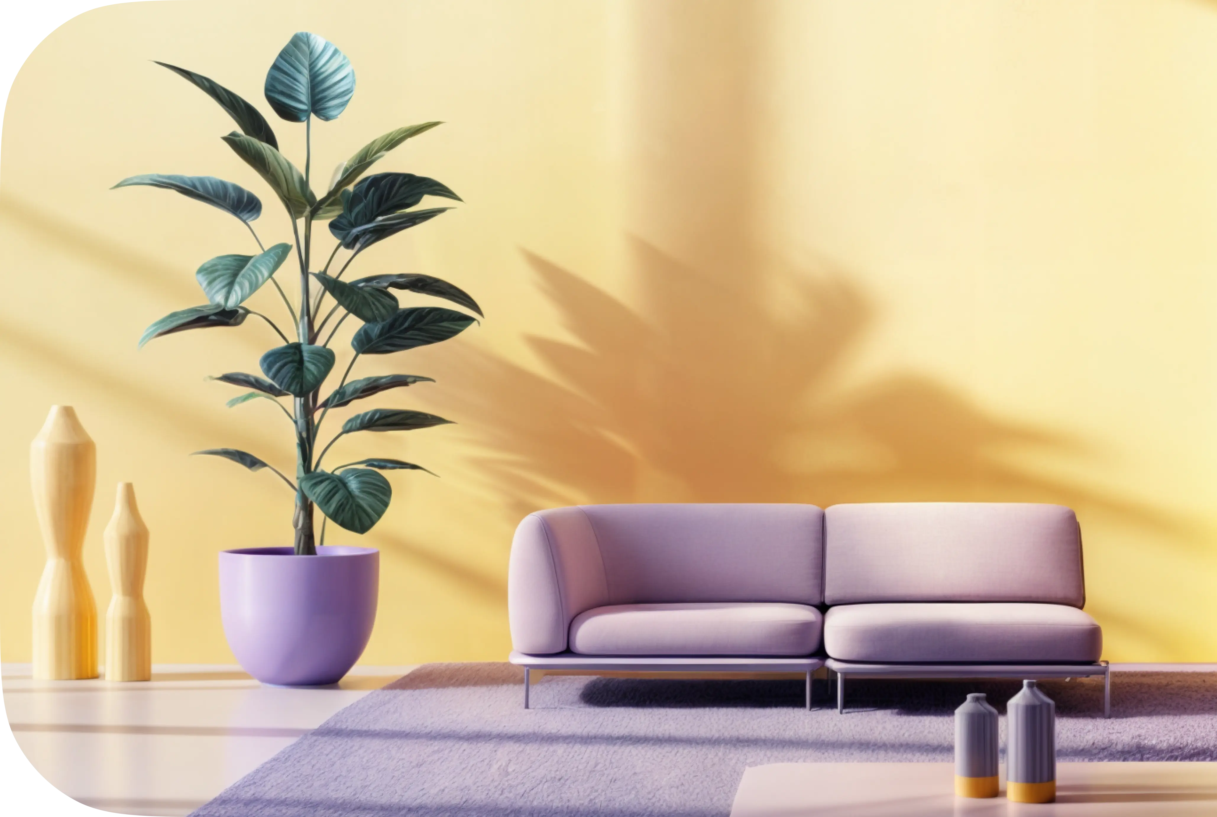 A modern living room with a light purple sofa, a large potted plant, yellow vases, and soft sunlight casting shadows on a pale yellow wall. The decor is minimalist with a cozy, contemporary feel.