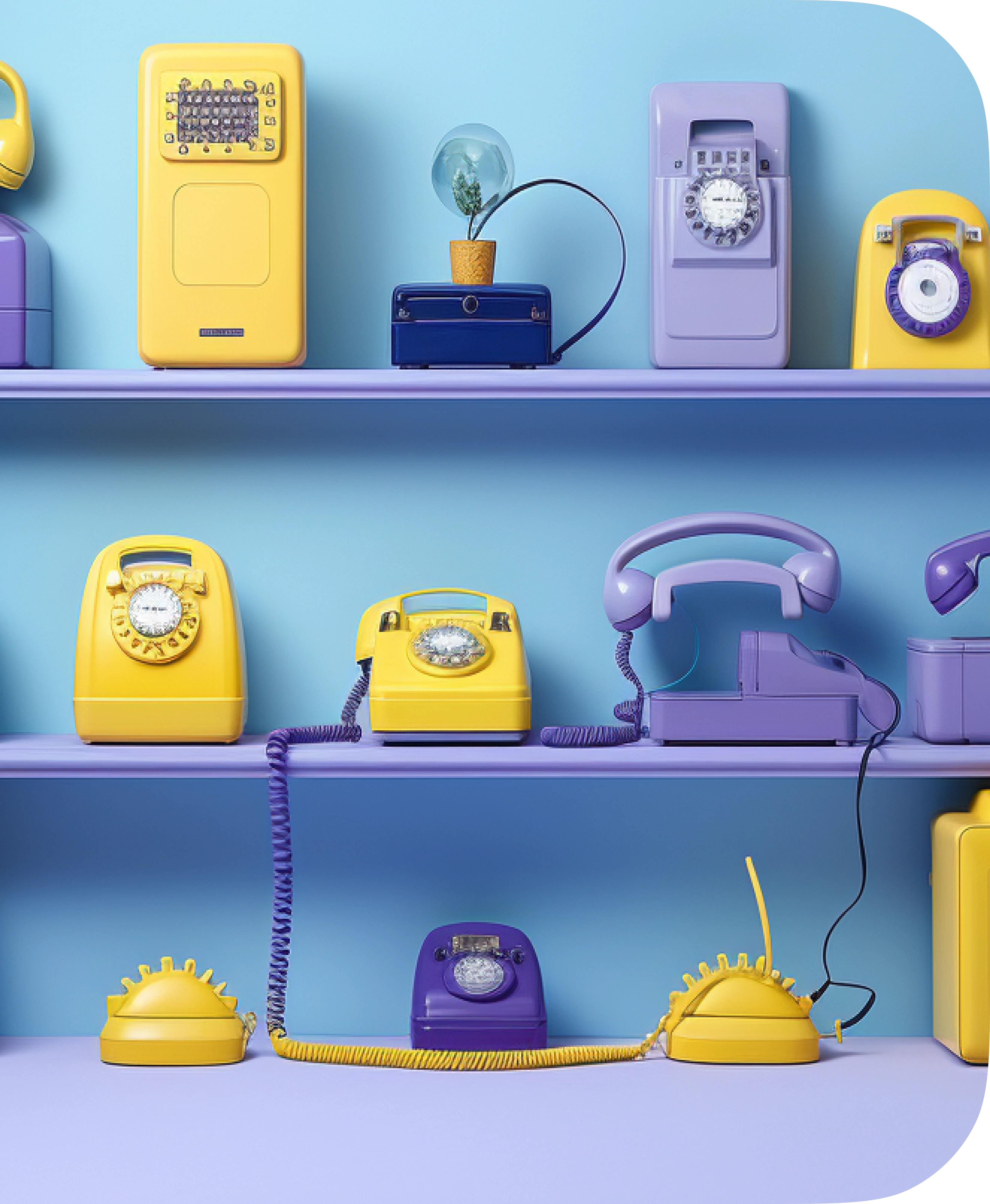 A collection of vintage rotary telephones in yellow and purple sits on blue shelves against a light blue wall, alongside a small potted plant and a few other retro objects.