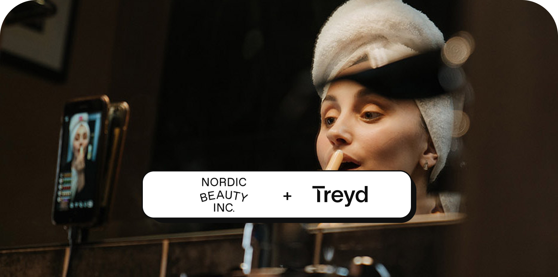 Woman applying lipstick and Nordic Beuty Inc logo