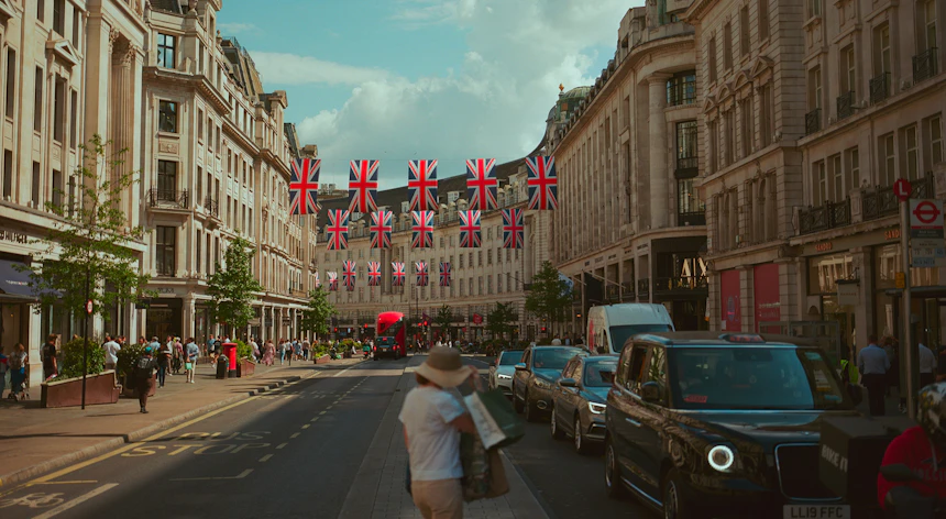 Oxford street in London with UK flags