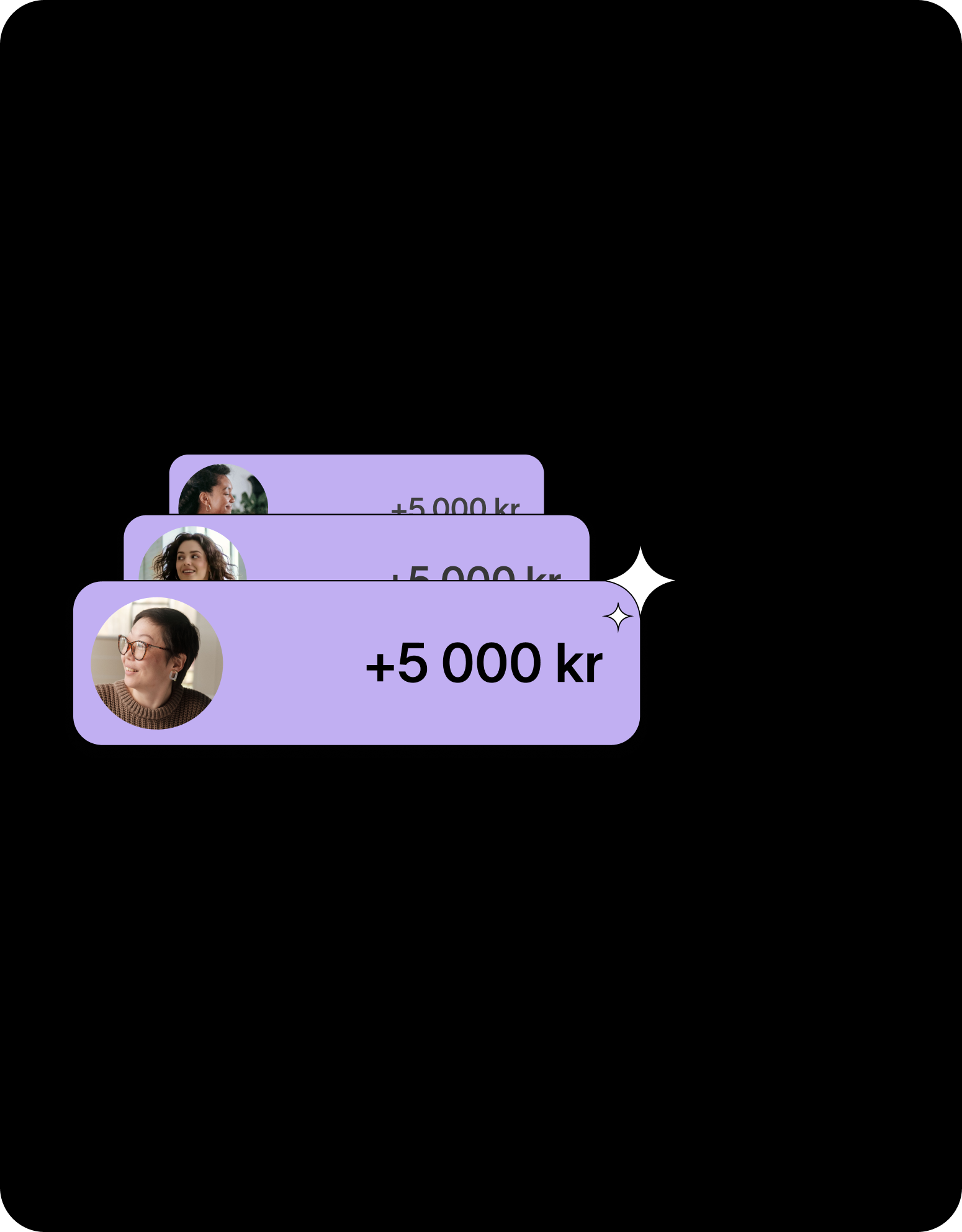 Flera kort uppradade med olika personer och 5 000kr vardera