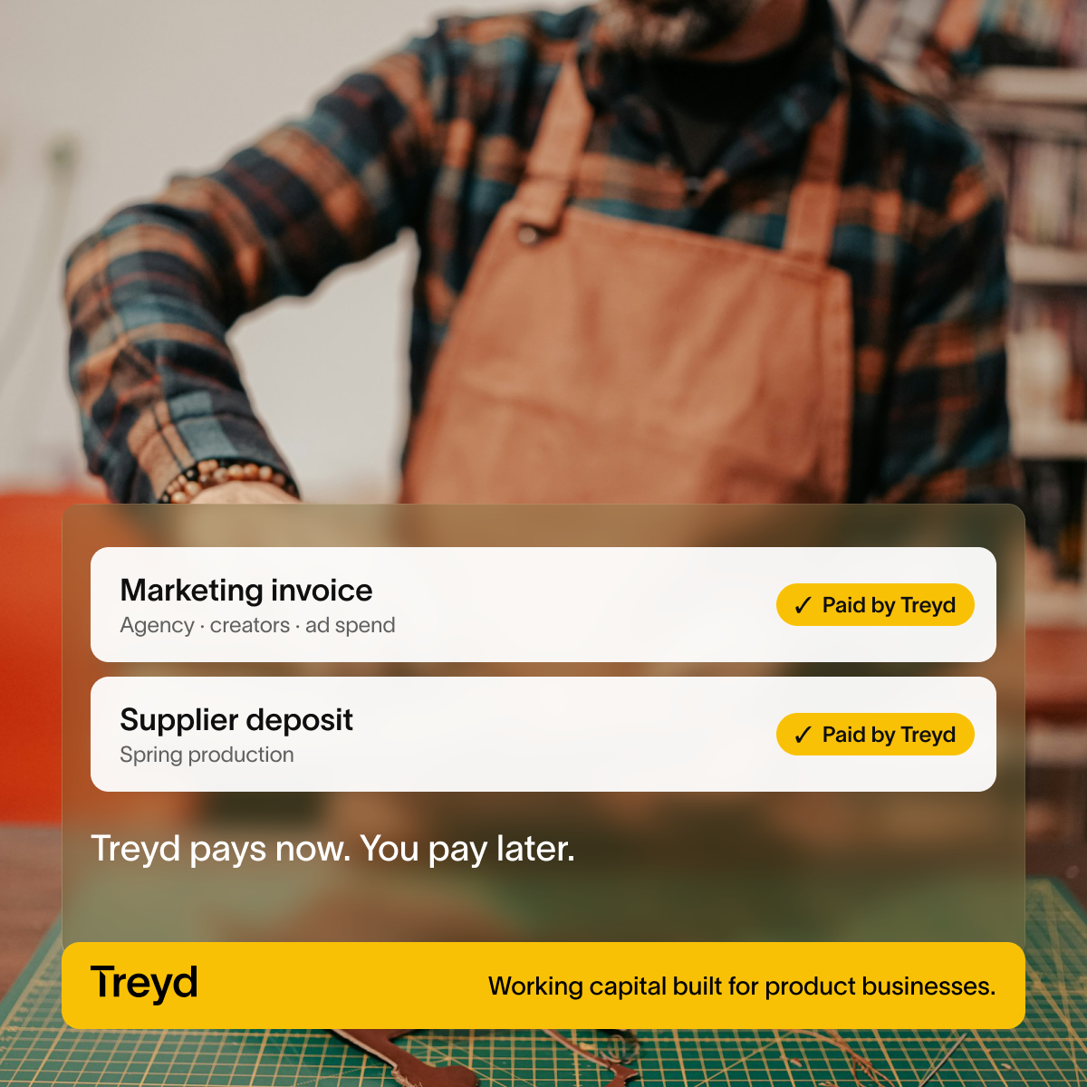 A marketing invoice and a supplier deposit, both marked paid by Treyd