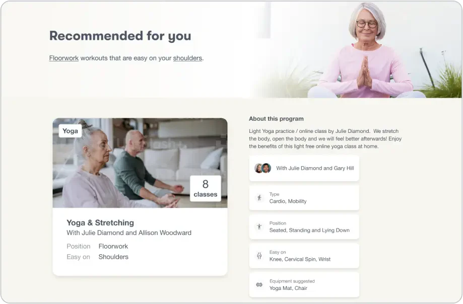 A preview of shoulder friendly yoga and stretching exercises for seniors in the Mighty Health app