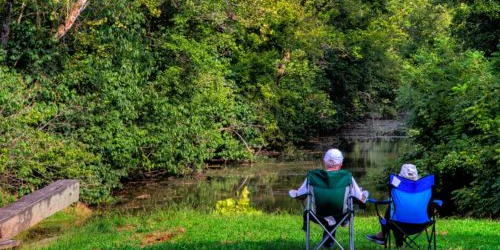 Senior couple sitting amongst nature in Potomac, Maryland