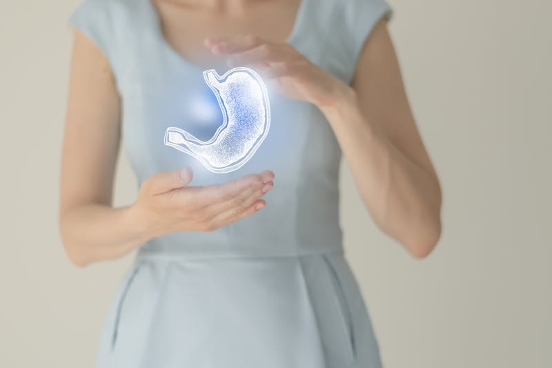 Woman with a digital image of a stomach
