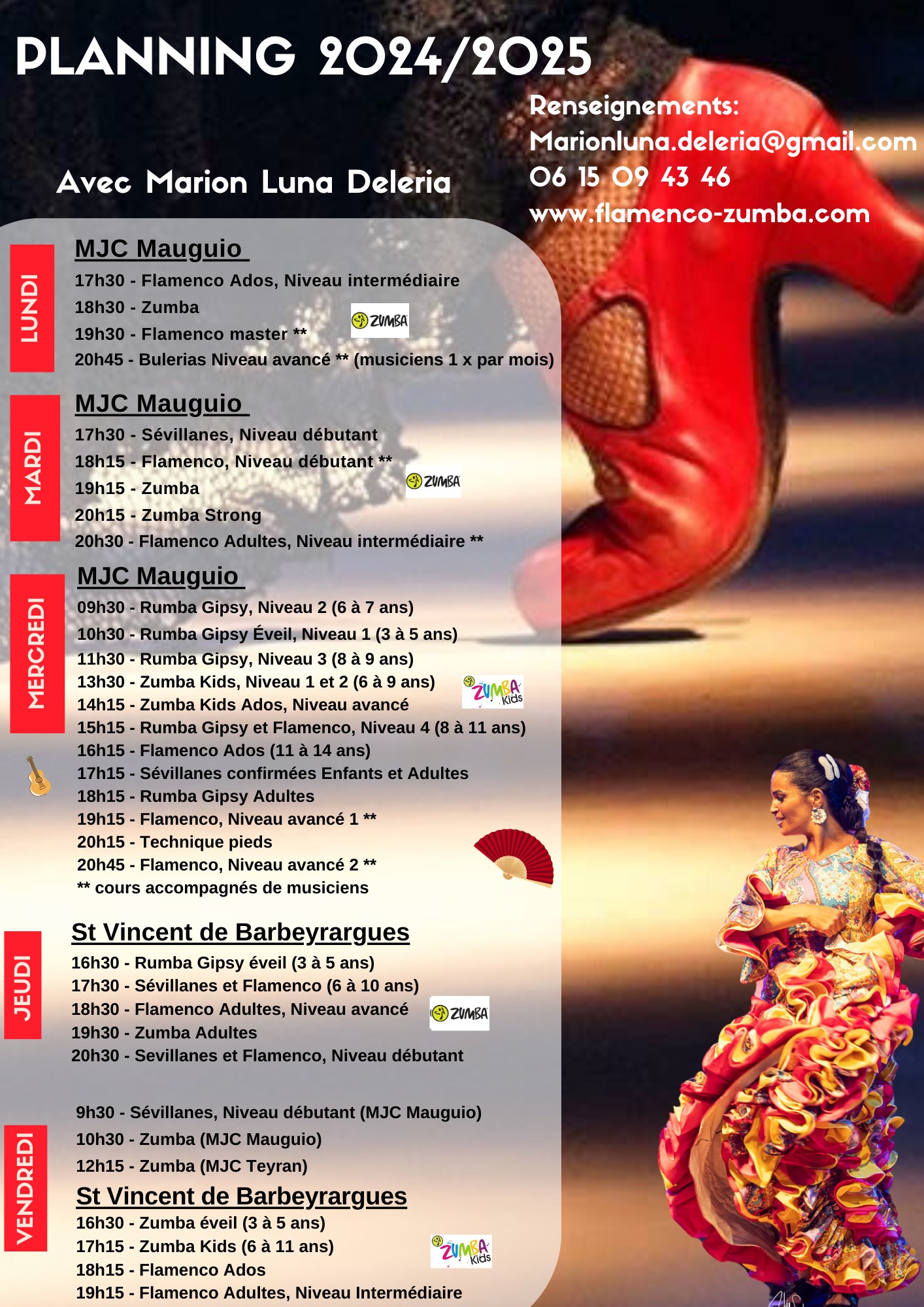 Planning flamenco sevillanes Zumba Saint Vincent de Barbeyrargues Mauguio 2024 2025